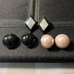 Vintage clip on earrings; black, pink, faux mother-of-pearl